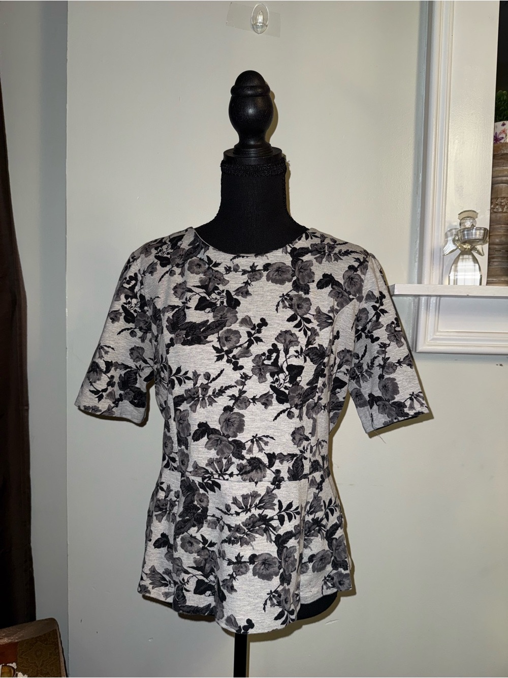 Talbots Black and White Floral Peplum Tunic